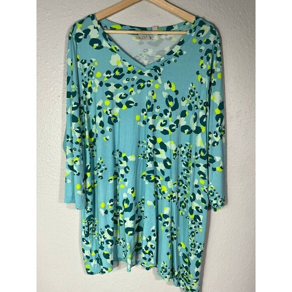 LOGO Lori Goldstein Blue Printed V Neck Tunic Top 1X - Picture 2 of 9